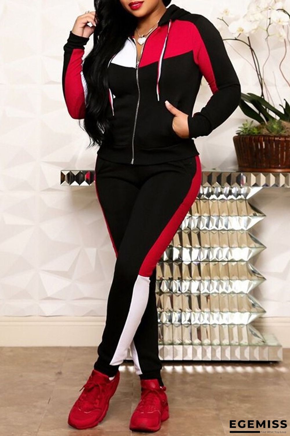 Black Casual Patchwork Contrast Hooded Collar Long Sleeve Two Pieces | EGEMISS