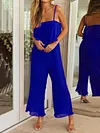 Spaghetti-Neck Falbala Backless Solid Color Casual Jumpsuit