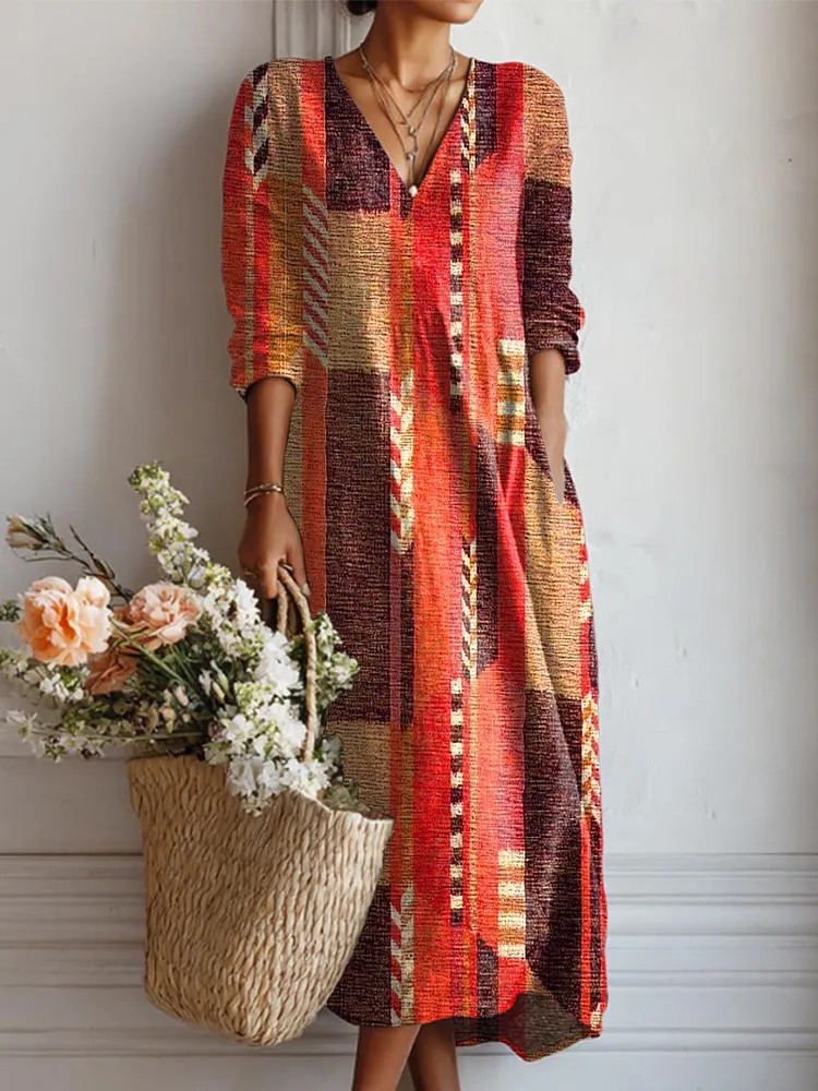 Women's Geometric Pattern Art Print Casual Cotton Linen Pocket Dress