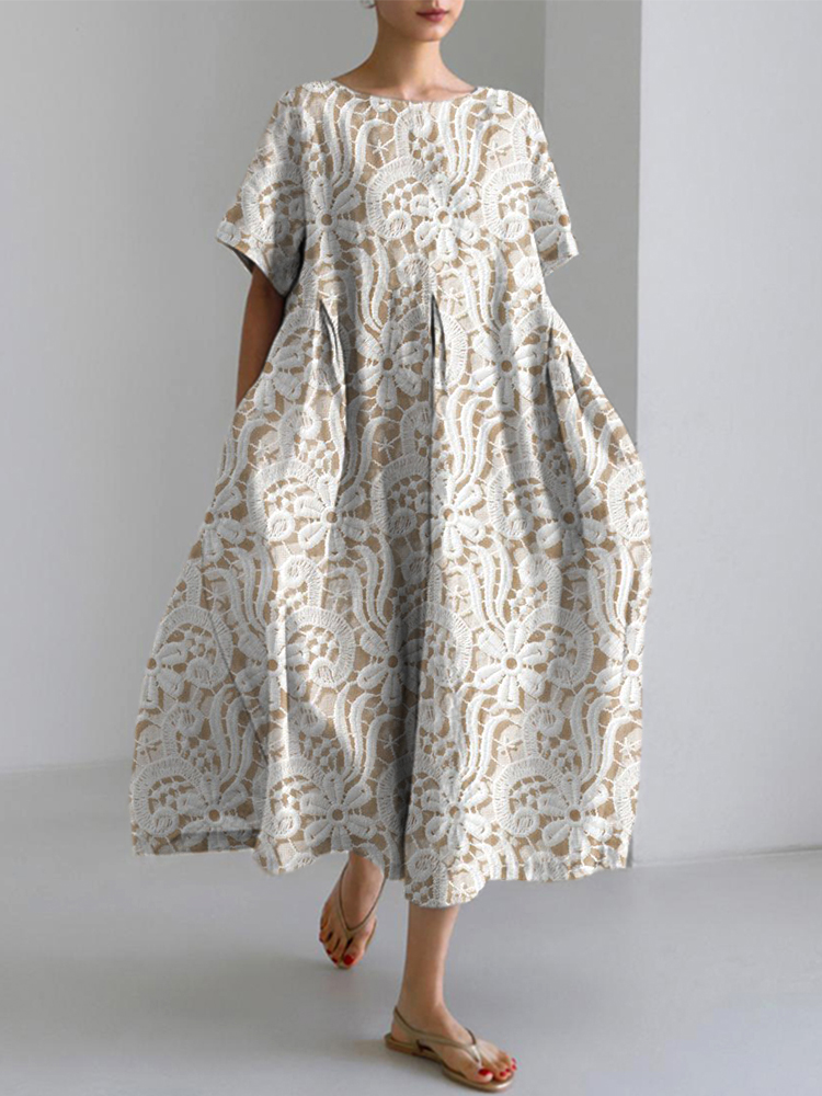 Lace Floral Splicing Design Linen Dress artswardrobe