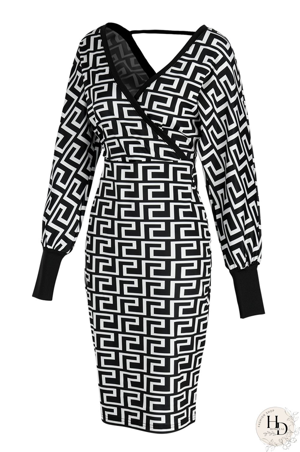 Black khaki Fashion Casual Print Patchwork V Neck Long Sleeve Dresses