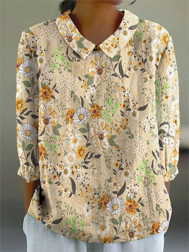 Women's Vintage Flower Art Print Casual Cotton And Linen 3/4 Sleeve Shirt