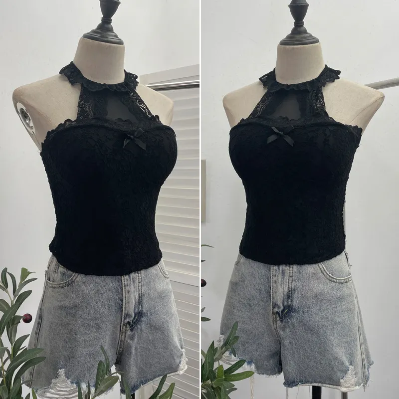 Churchf Real Shot With Chest Pad Hanging Neck Lace Sexy Sling Vest Short Babes Bottom Sleeveless Top 9196