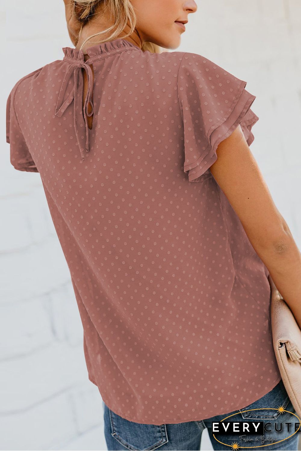 Tiered Sleeve Frilled Neck Dotted Top