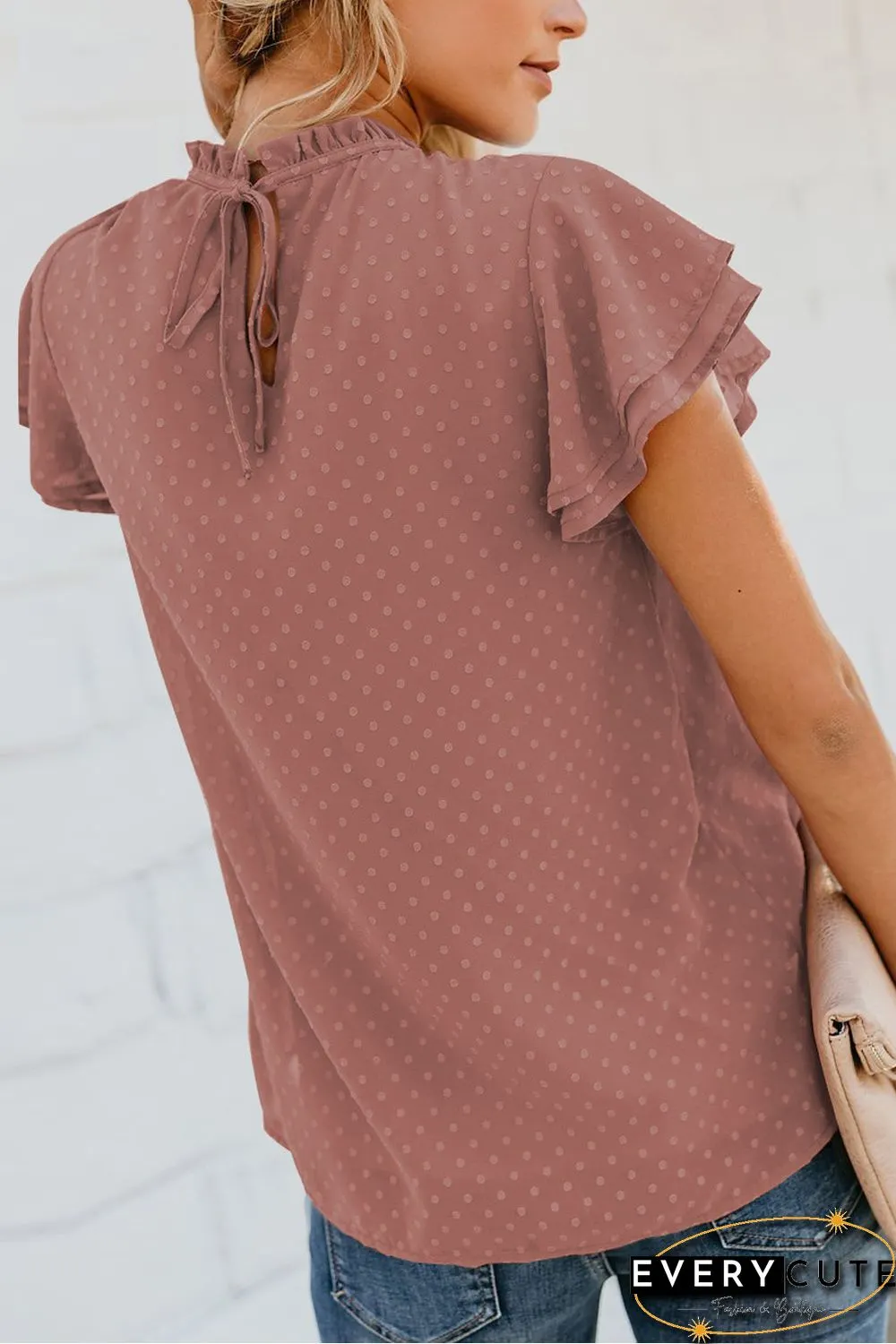Tiered Sleeve Frilled Neck Dotted Top