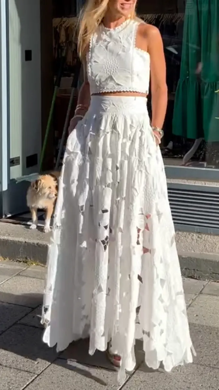Floral Lace Crop Top Maxi Skirt Two-Piece Set