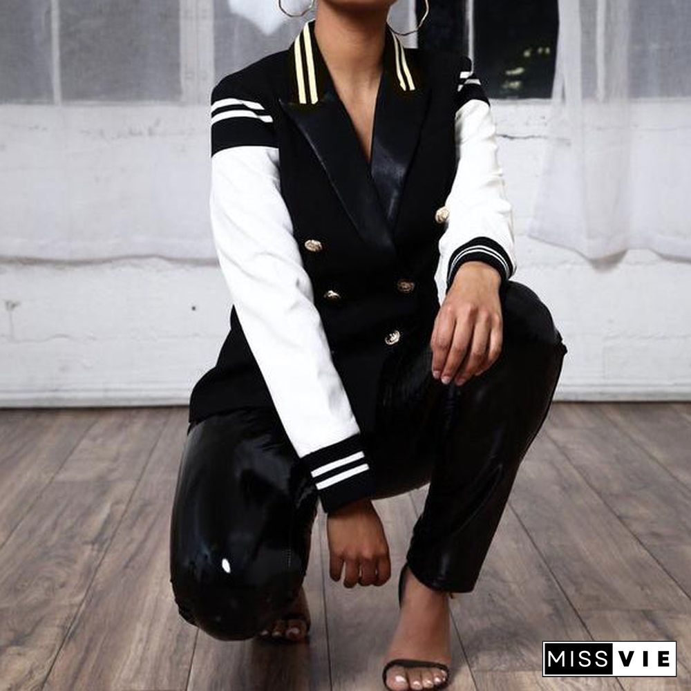 Naval Varsity Stripes Color Block Leather Blazer Jacket