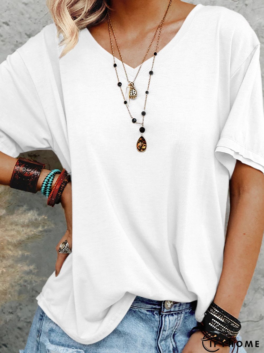 Cotton Holiday Short Sleeve V Neck T-shirt | IFYHOME