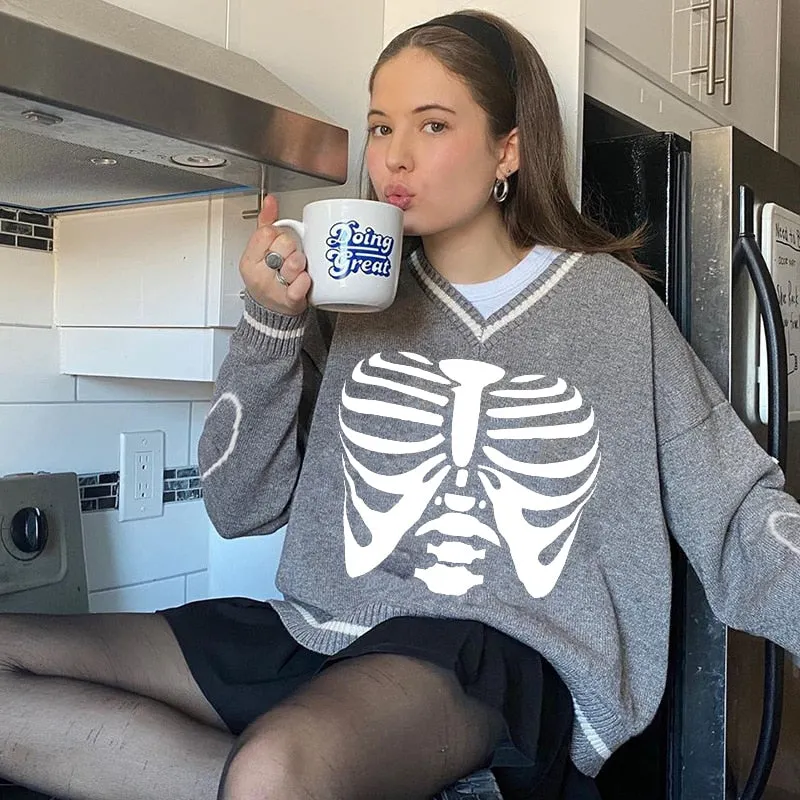 New Autumn Sweaters E-Girls Women Knit Sweater Adults Color Block Skeleton Printed Long Sleeve V-Neck Pullovers Hot Sale