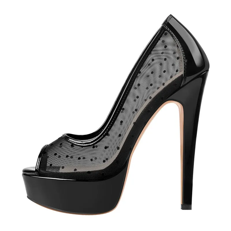 Onlymaker Women's Black Platform Peep Toe Mesh Spike Slip On Pumps Thin High Heels Party Dress Sexy Big Size Pumps