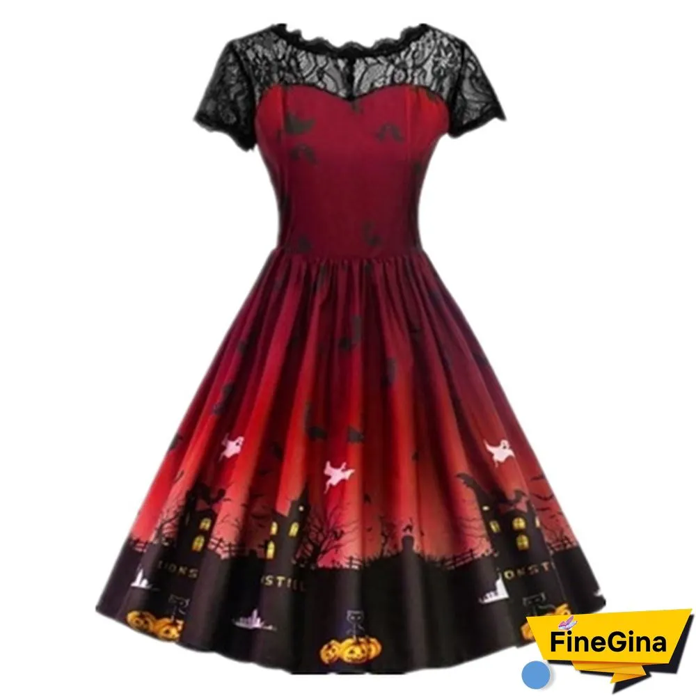 Plus Size Fashion Women Pumpkin Snowflake Print Dress Short Sleeve Lace Dress Christmas Halloween Costume Knee Length Party Dresses