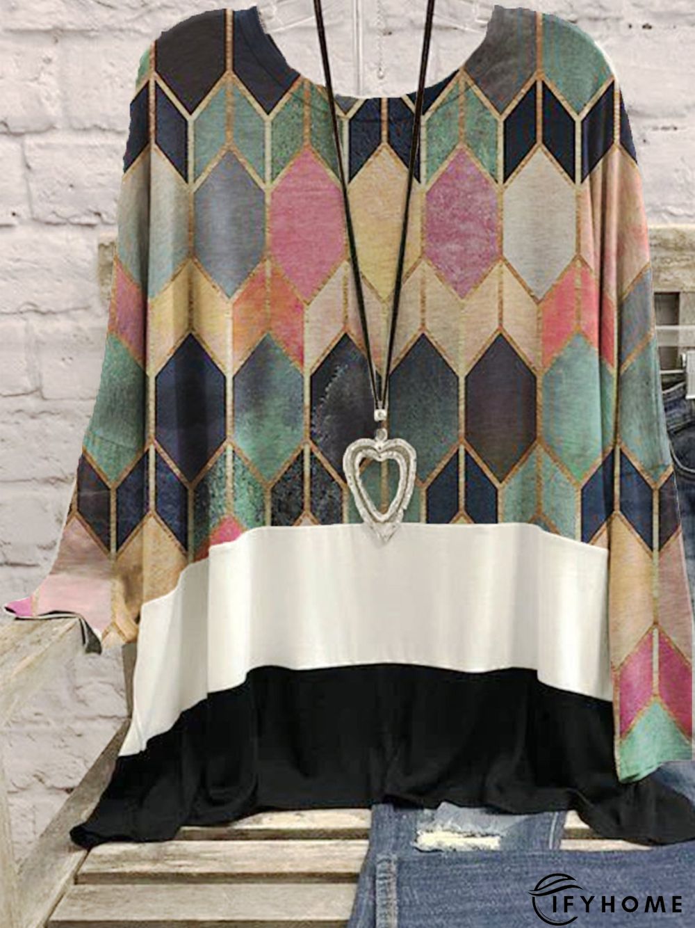 Printed Cotton-Blend Casual Long Sleeve Tunic T-Shirt | IFYHOME