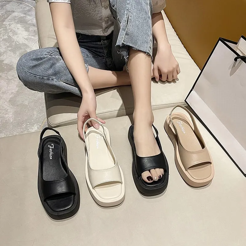 Breakj Women's Sandals 2022 Summer New Fashion Shoes Elegant Flat Sandals Women Genuine Leather Simple Platform Roman Sandals for Women