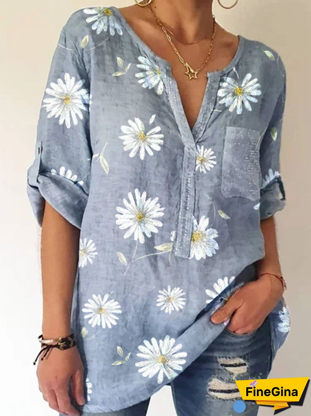 Casual Long Sleeve Shift Floral Blouse