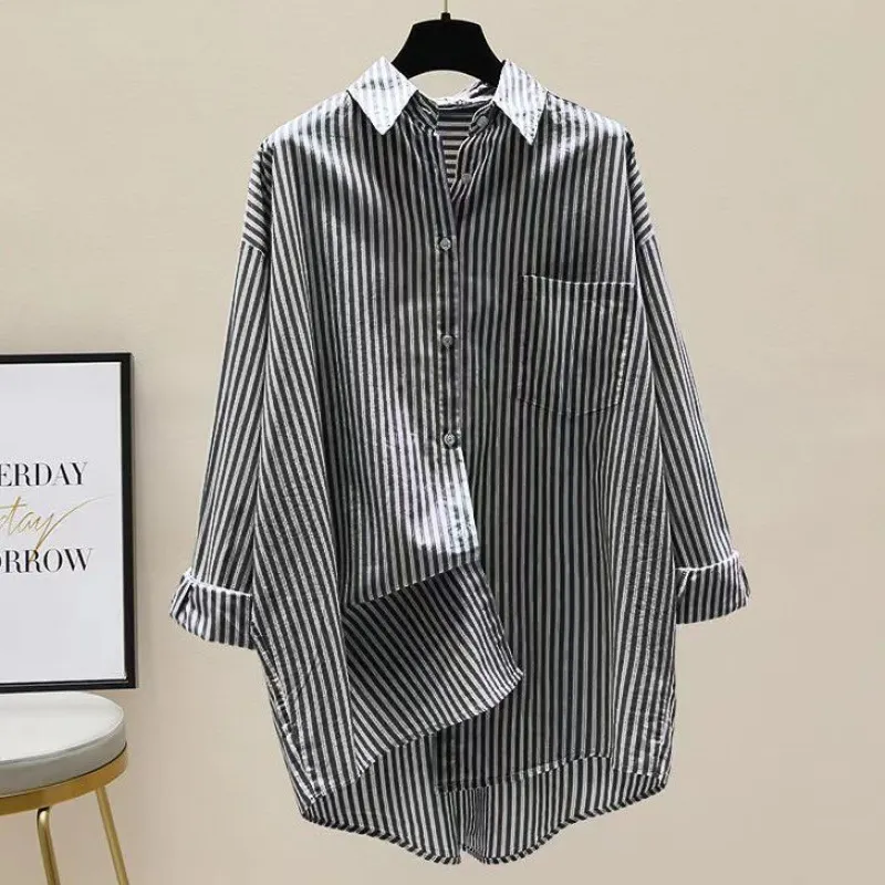 Uveng Uveng Spring And Autumn New Han Fan Literature And Arts Front Short And Rear Long Shirt Women Long Striped Shirt Casual Coat Summer