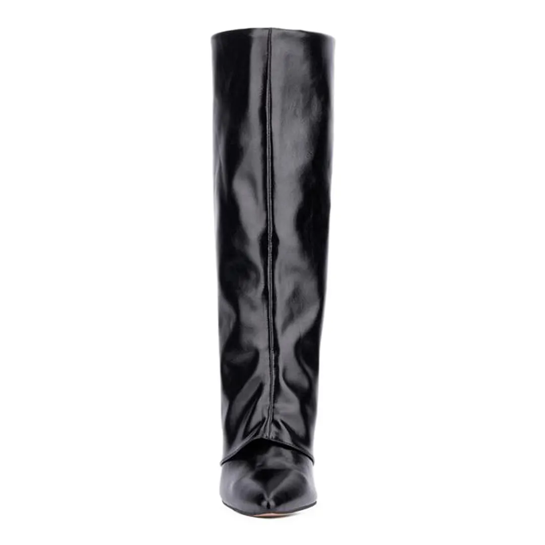 Ladies Vegan Leather Pointed Fold-Over Wedge Heel Boots in Black