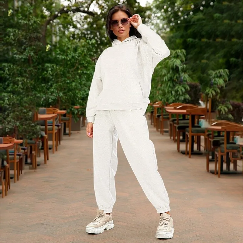 2021 Autumn Women Hoodies And Sweatpants White Tracksuits Female Two Piece Solid Color Pullovers Jacket Lounge Wear Casual Suit