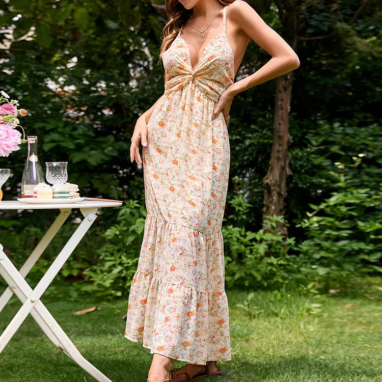 Chiffon Sexy Print V-Neck Sling Halter Mid-Rise Vacation Dresses