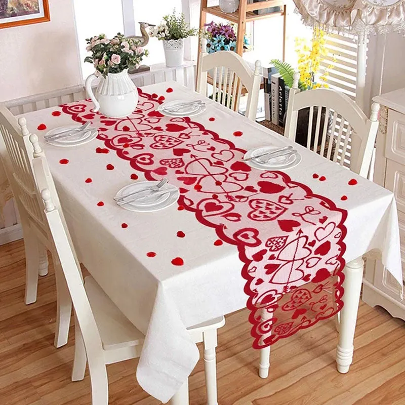 Wedding Red Love Heart Lace Table Runner Valentine's Day Gift Home Table Decoration Party Supplies Tablecloth Covers