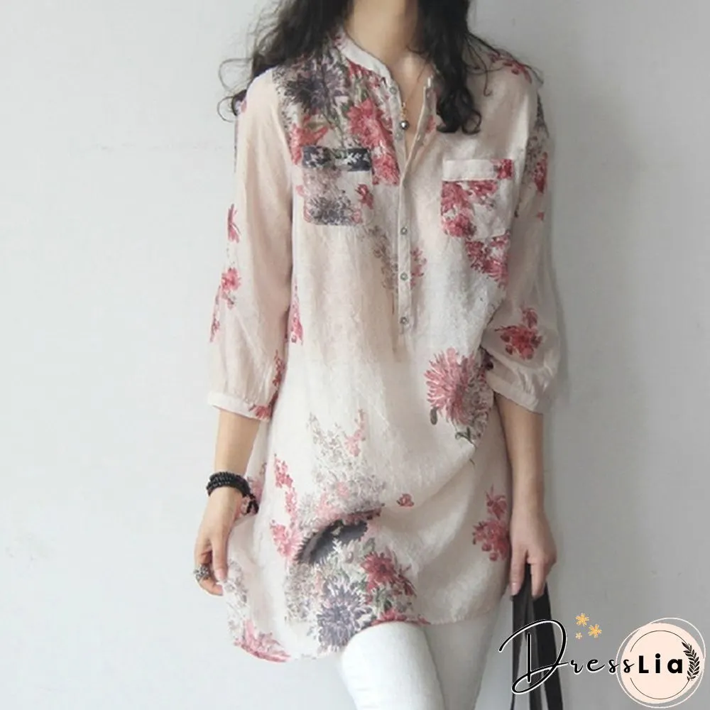 Vintage Women Floral Printed Casual Loose Tops Shirt Tunic Dress