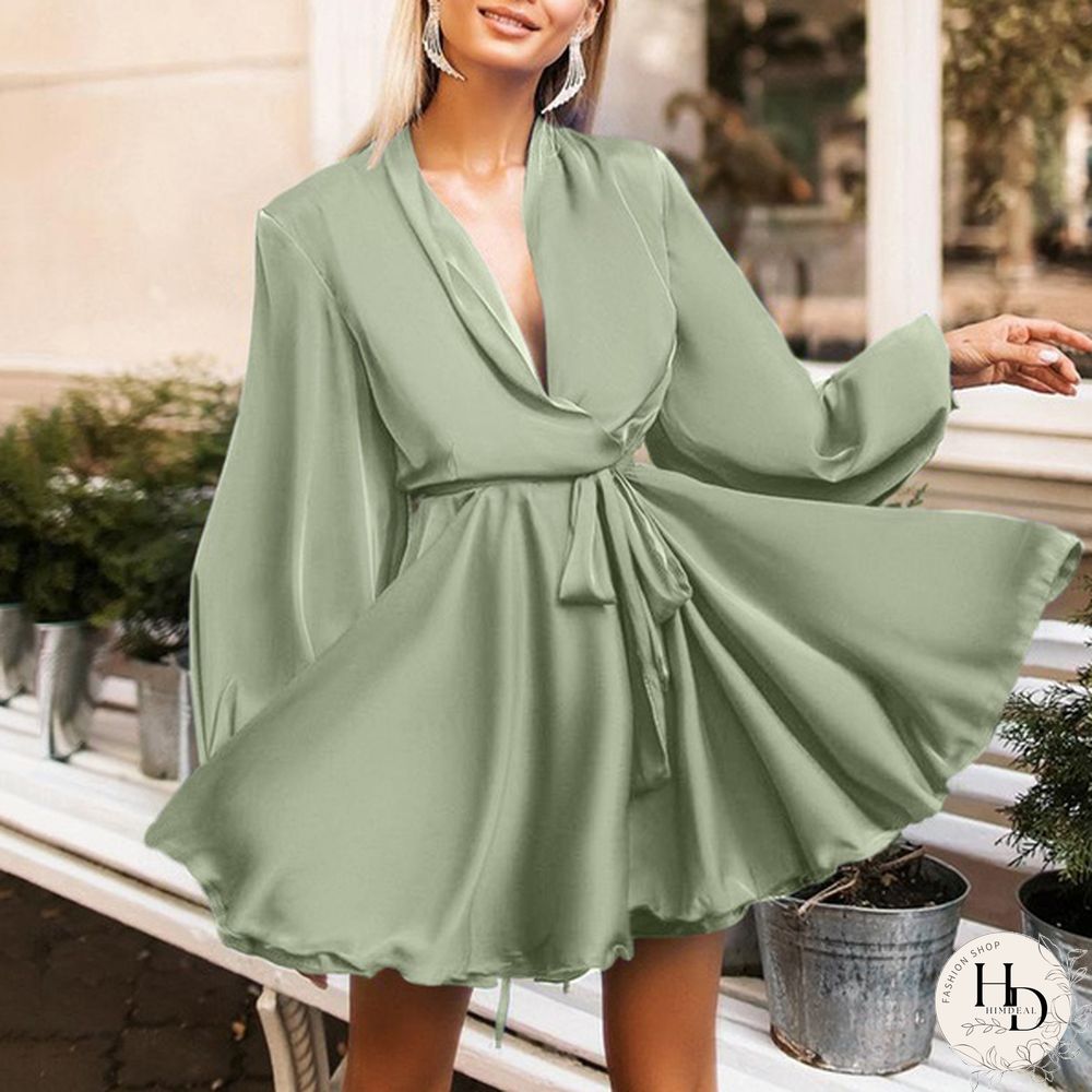 Women Silk Swing Mini Dress Lantern Long Sleeve V Neck Solid Color Party Casual Fashion Wrap Dress Plus Size