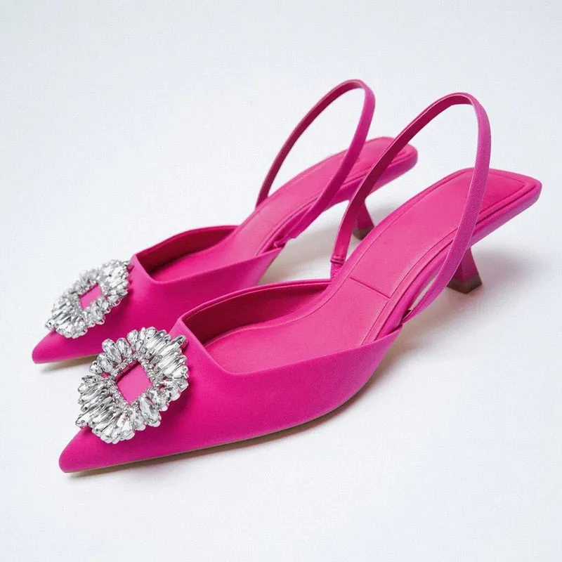 ZA 2022 New Women's Shoes Pointed Toe Shallow Nude Pink Diamond Shoes Low Heel Back Strappy Shoes Women  Women Shoes 2020