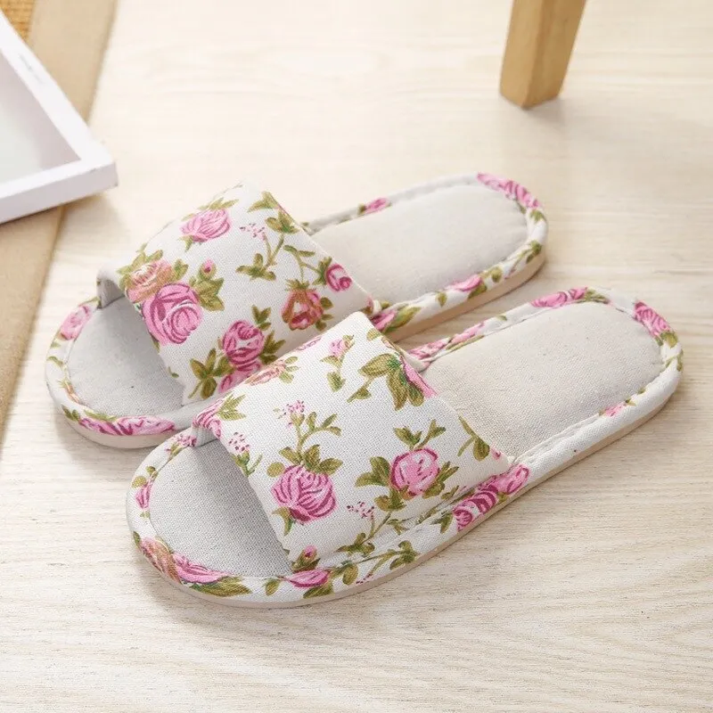 Women Casual Floral Indoor Home Slippers Flower Soft Slippers Spring Autumn Flip Flops Female Linen Slides Slippers home sandals