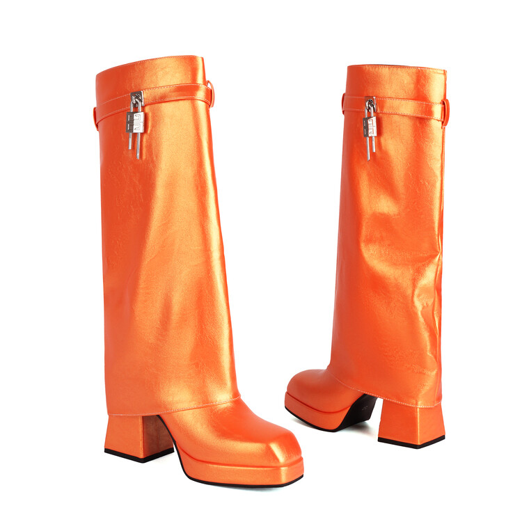 GOOSHOE Bright Color Wide Fit Large Size 48 Women Square Toe Overlay Shoes Lady Lock Shark Booties Chunky Heels Knee High Boots
