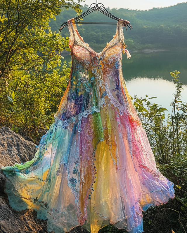 Summer Irregular Lace Patchwork BeadedRuffle Dress 30b5