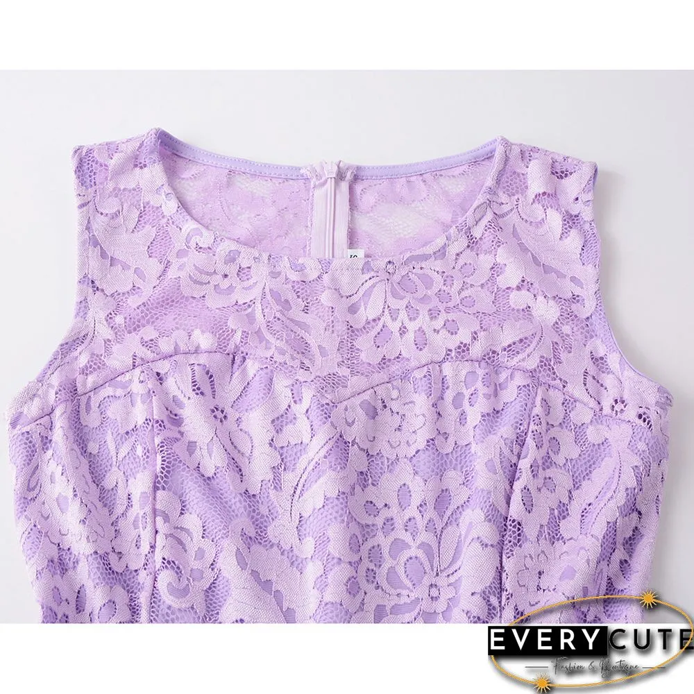Light Purple Sleeveless High Low Lace Evening Dress