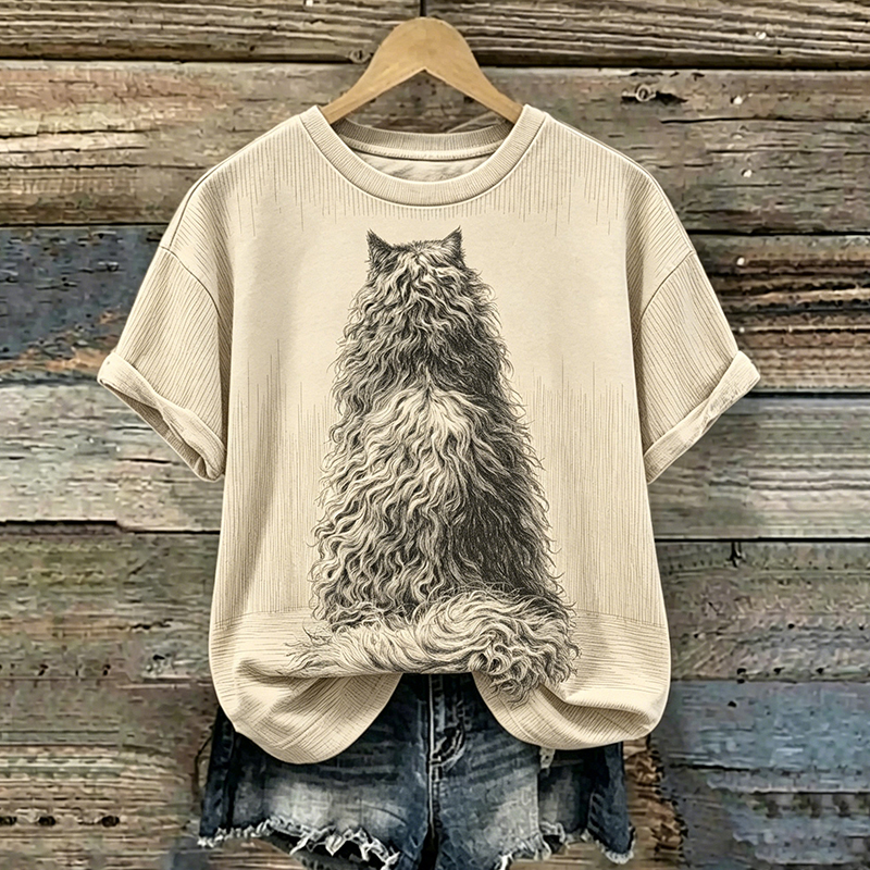 Comstylish Women's Pencil-drawn Textured Cat Pattern Print Casual T-shirt