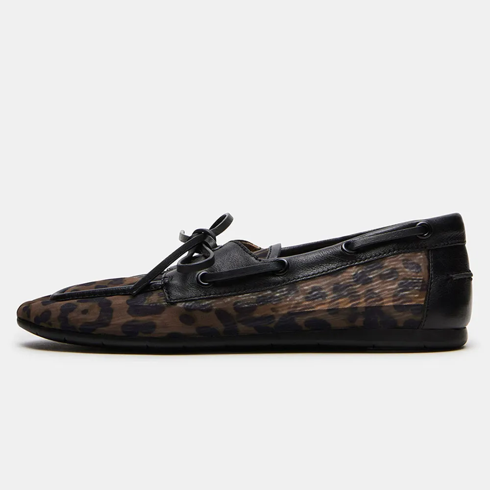 YDN Black Leopard Print Round Toe Lace-Up Flat Loafer Shoes Women