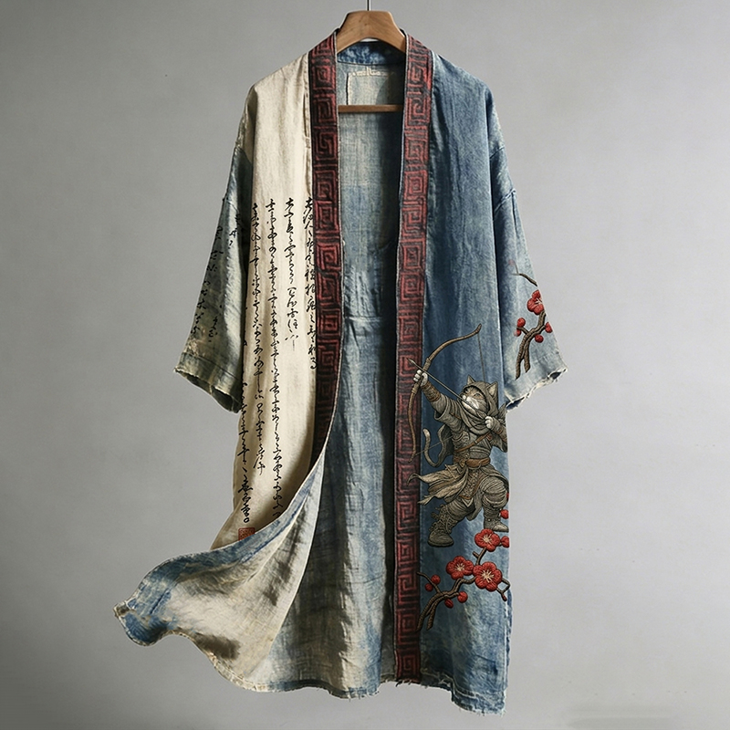 Retro Japanese Cat Archery Calligraphy Art Pattern Casual Kimono elevenforest