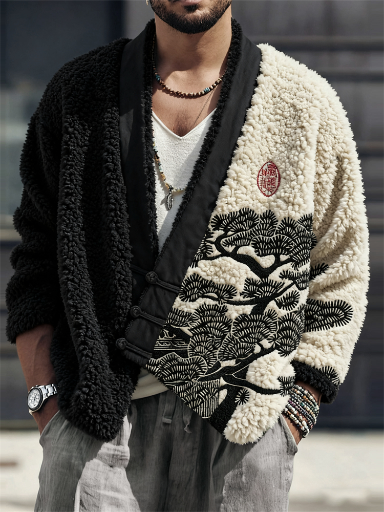 Men's Japanese Pine Tree Lino Embroidered Cozy Fleece Kimono Cardigan