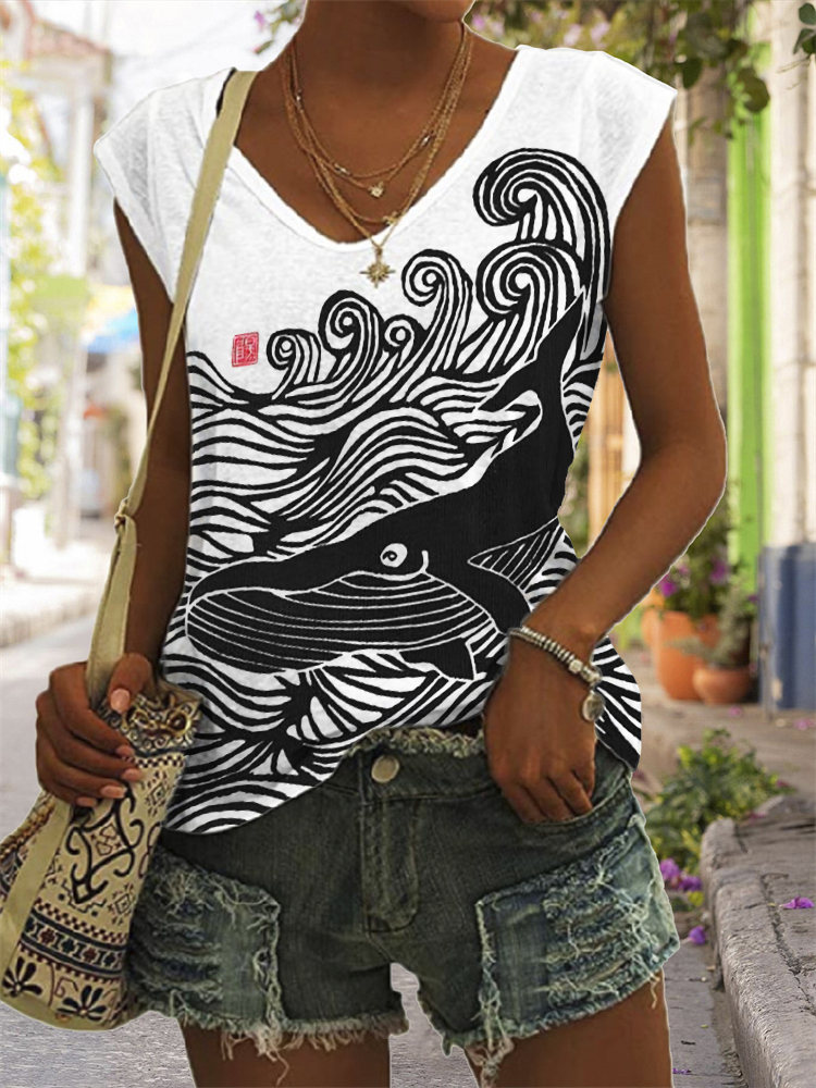 Whale & Waves Japanese Lino Art V Neck Tank Top