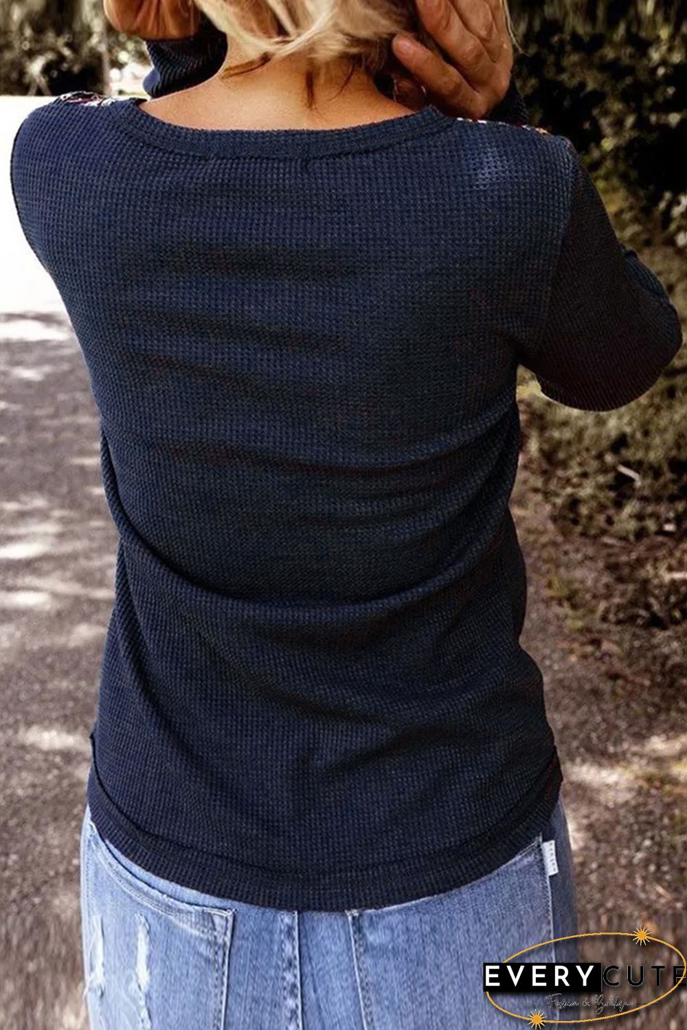 Navy Blue Embroidered Round Neck Waffle Top