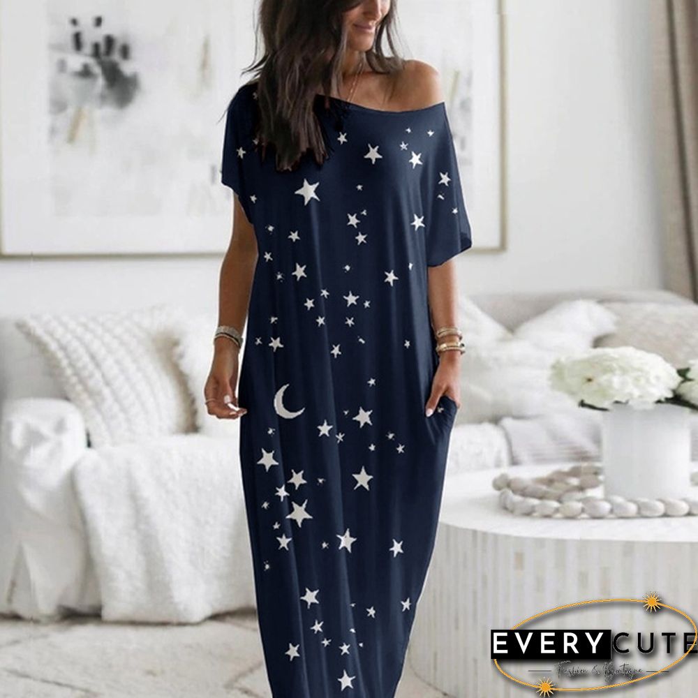 Plus Size Xs-5Xl Women Loose Casual Short Sleeve Moon Stars Print Maxi Dress Home Clothes Soft Long Dresses Homeware Vestidos Casuales
