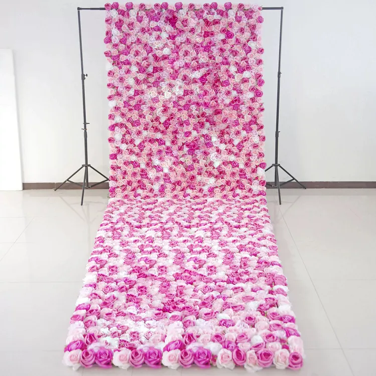 Roll Up Fabric Artificial Pink Pearl and Rose Floral Wall Wedding Backdrop, Floral Party Decor, Event Photography-VF-073