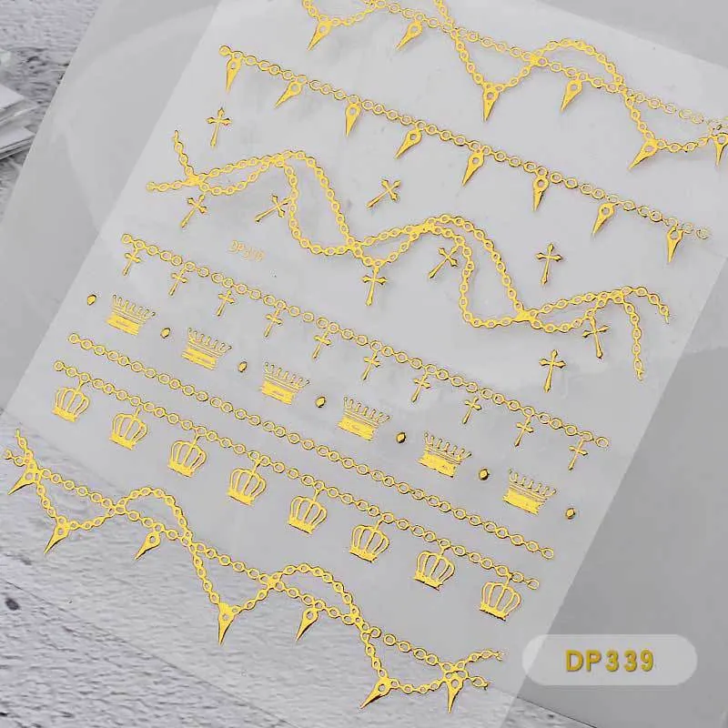 Nail Stickers Embossed 3D Elegant Golden Chain Zipper Designs Water Nail Decals Decoration Tips For Beauty Salons-Nail Inspo