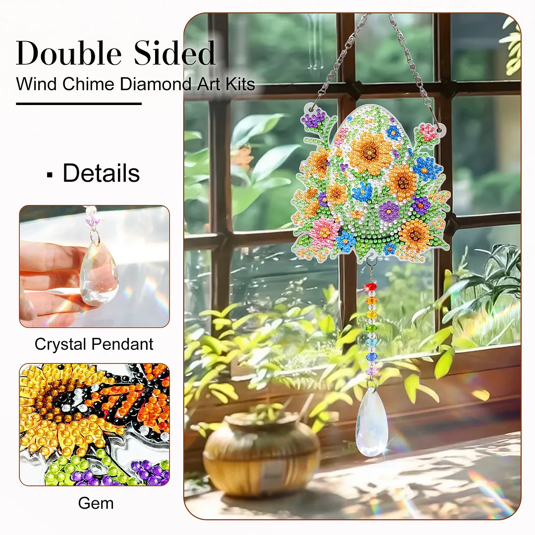 2Pcs Flower Easter Egg DIY Acrylic Diamond Painting Art Wind Chimes with Crystal Pendant Diamond Art Hanging Pendant Double-Sided for Adults Beginners Gift Home Garden Decor