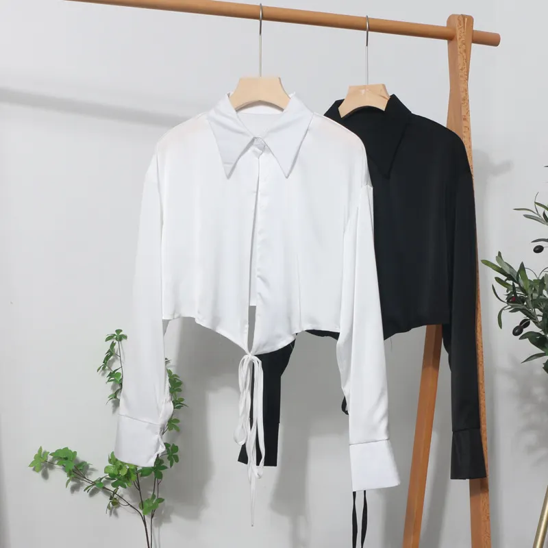 Churchf French Style With Short V-Neck Shirt Spring Sleeve Polo Collar Navel Navel Dress Top Female 881