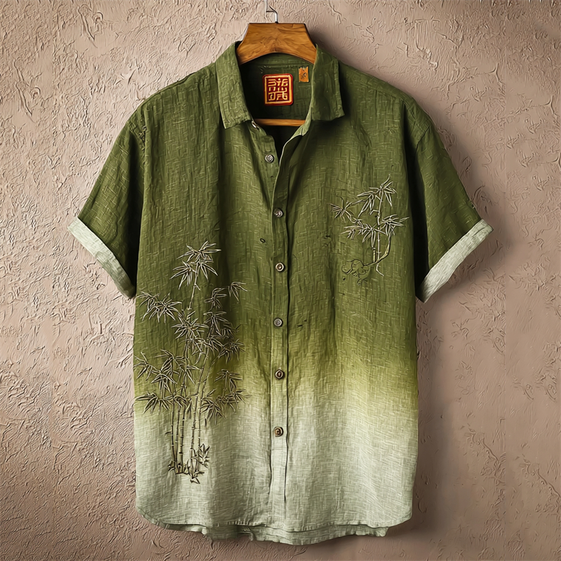 Japanese Bamboo Embroidered Contrast Gradient Linen Shirt  artssus