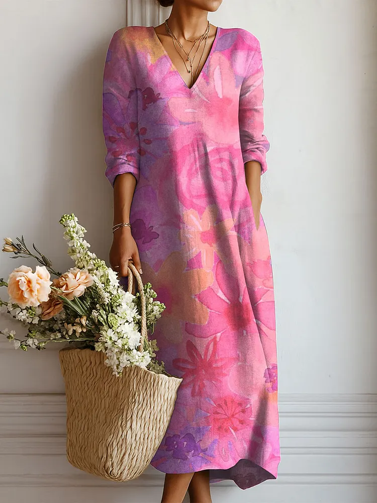 Women's Vintage Flowers Pattern Art Print Linen Pocket Dress