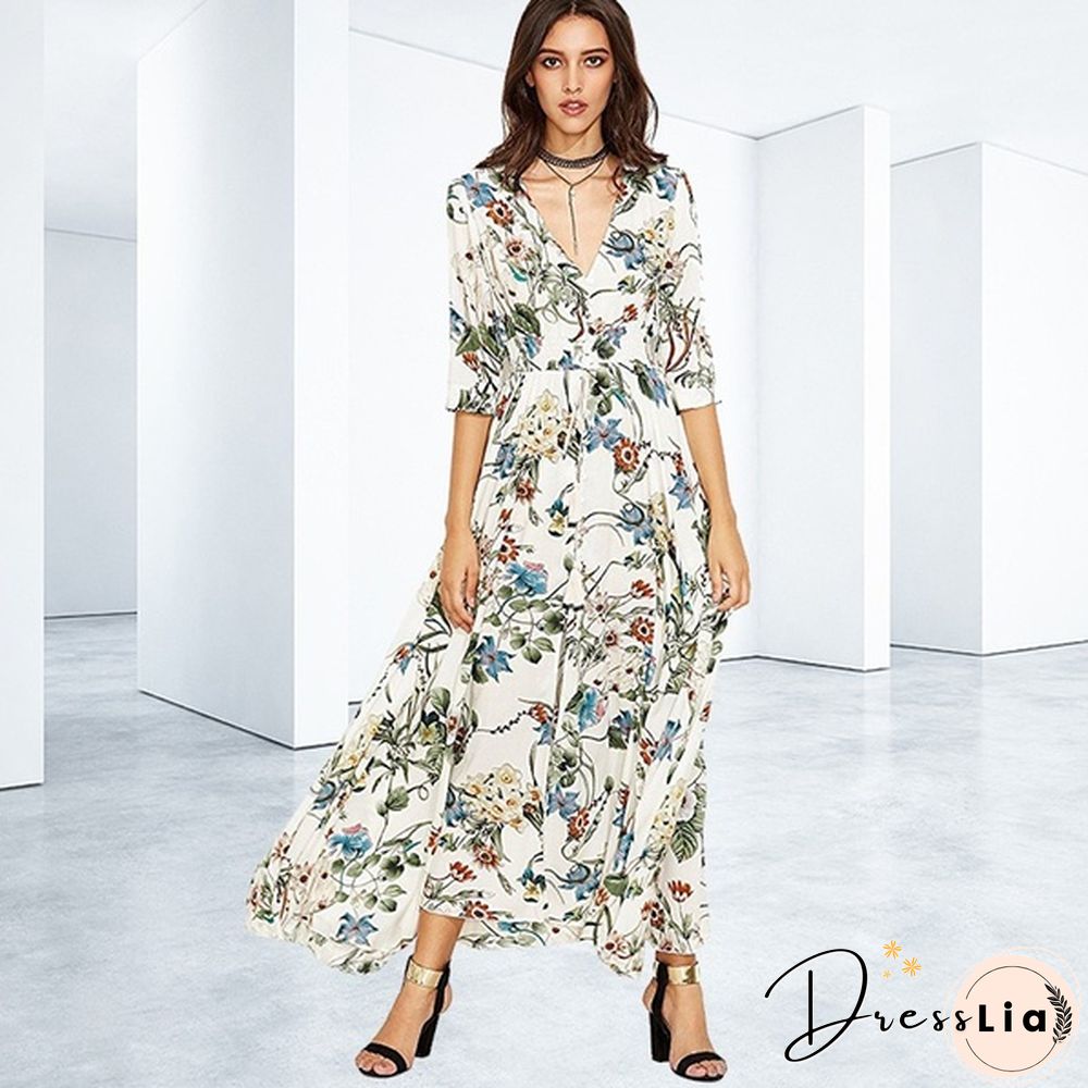 Summer Fashion Womens Bohemian V Neck Print Big Swing Long Dress Plus Size