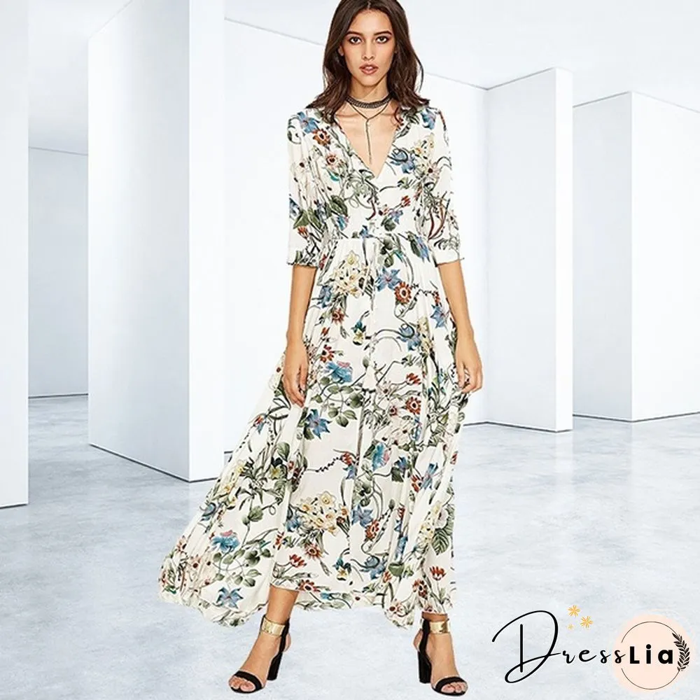 Summer Fashion Womens Bohemian V Neck Print Big Swing Long Dress Plus Size
