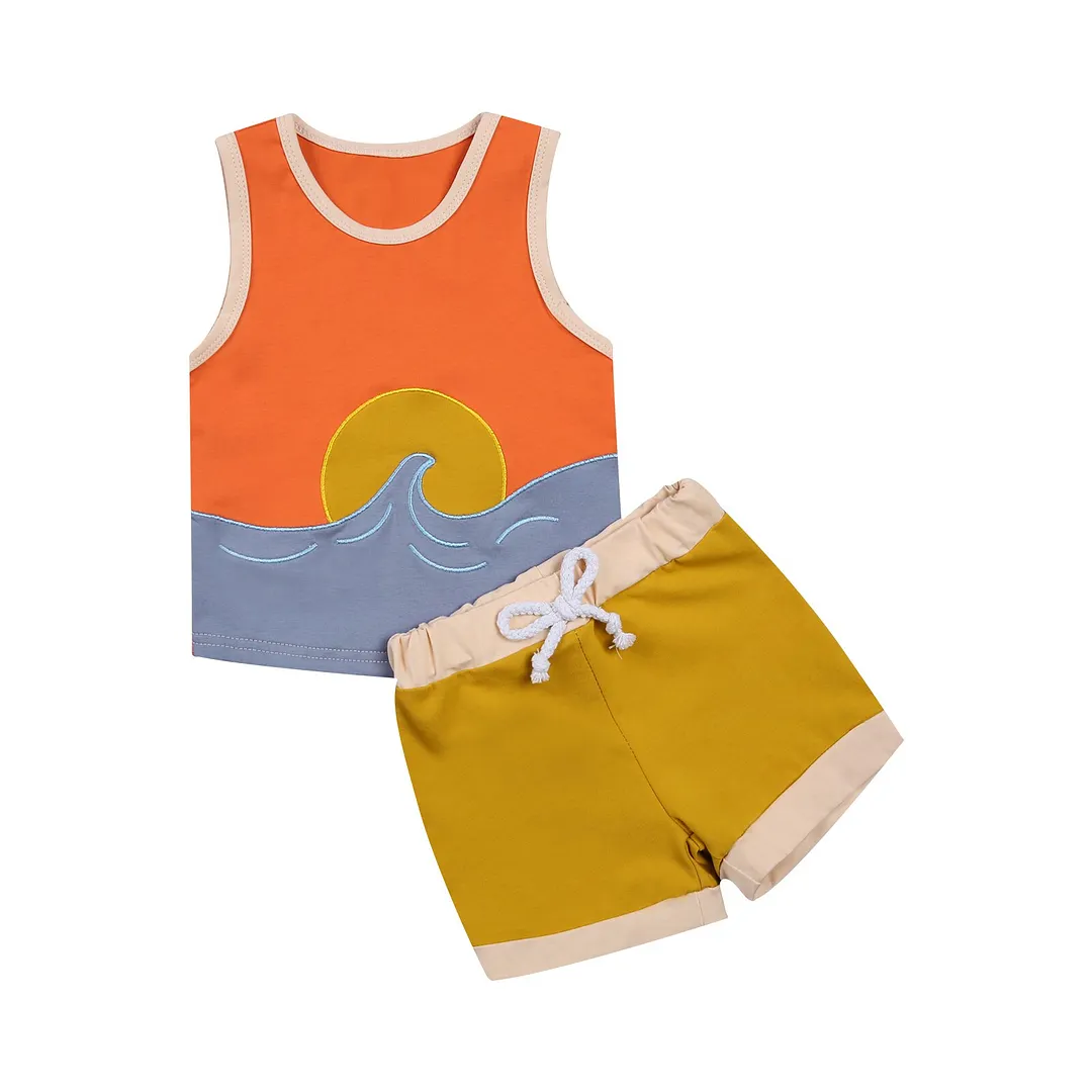 Children Baby Boys Embroidery Two Piece Set, Kid's Vest Tank Tops Waist Elastic Lace Up Shorts Beachwear Set 6M-5T