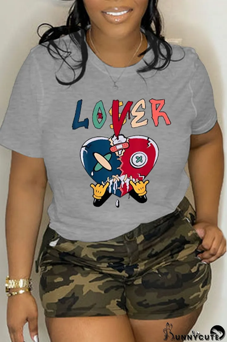Grey Casual Street Print Patchwork O Neck T-Shirts