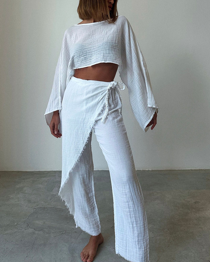 Woven lace-up cotton and linen two-piece set-Kimonchic:luchamp