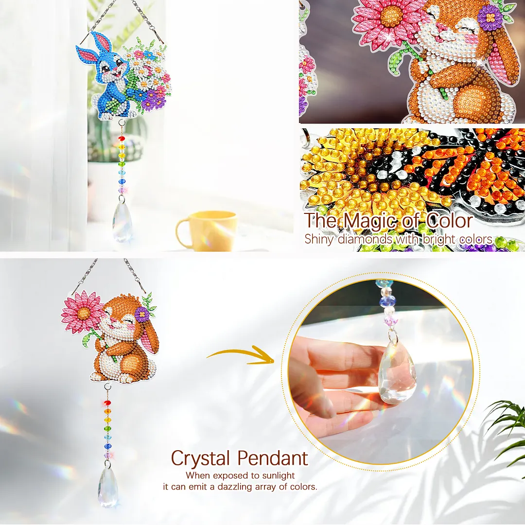 2Pcs Flower Rabbit DIY Double-Sided Diamond Painting Hanging Kits Diamond Painting Suncatcher Craft Kit for Home Garden Wall Decor Gift