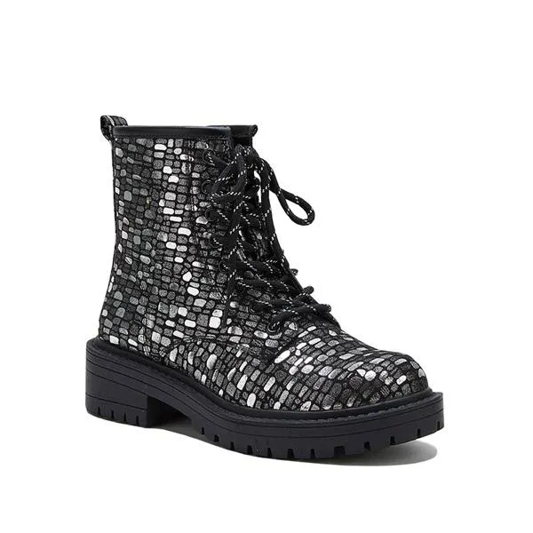 Women Sexy Sequin Lace-Up Ankle Chunky Heel Boots